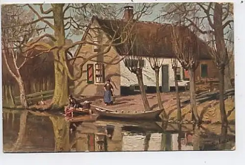 Haus , See, Boot, zwei Frauen feldpgl1916 39.587
