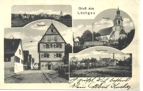 Löchgau, Nagelfabrik, Rathaus, Kirche gl1919 9.349