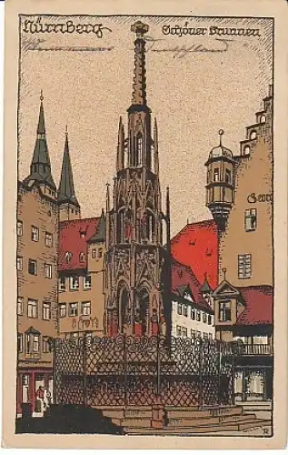 Nürnberg Schöner Brunnen Steindruck gl1928 B1.641