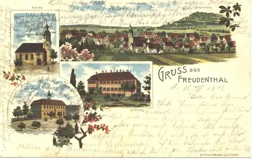 Freudental, Litho, 4 Ansichten, Rathaus gl1902 9.369