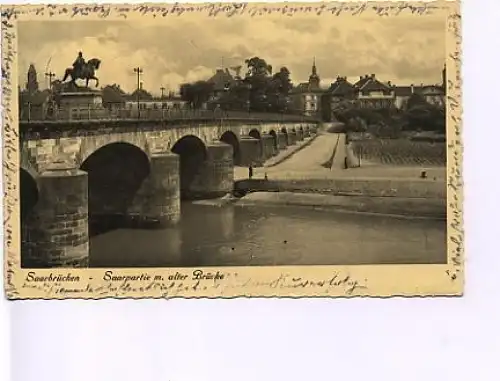 Saarbrücken Saar mit alter Brücke gl1937 16.045