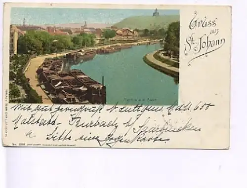 St.Johann Grußlitho Kähne an der Saar gl1898 16.043