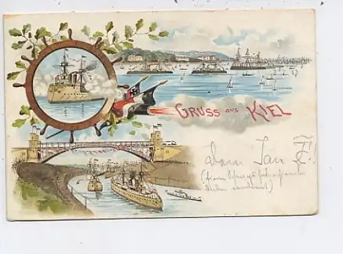 Kiel Gtrußlitho mit Flottenbildern gl1896 ! 44.034