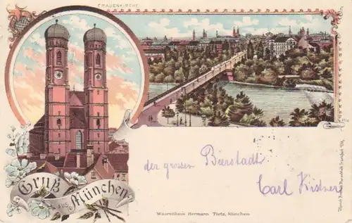 München Litho Frauenkirche Brücke gl1897 71.605