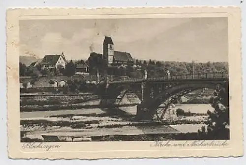 Plochingen Kirche und Neckarbrücke gl1947 31.467