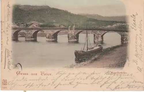 Gruss aus Trier Kahn vor Moselbrücke gl1900 22.603