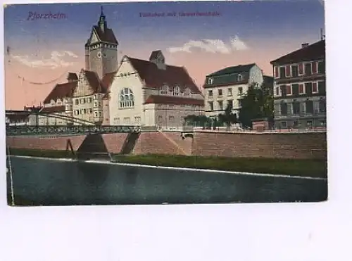 Pforzheim Volksbad mit Gewerbeschule gl1928 14.159