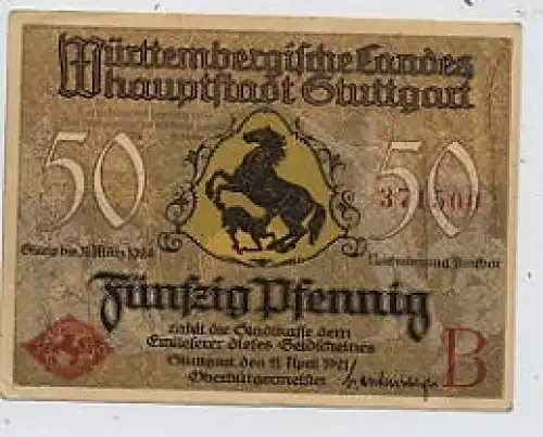 Stuttgart Gutschein 50 Pf. von 1921 ngl 36.281