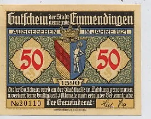 Emmendingen Gutschein 50 Pf. von 1921 ngl 36.287