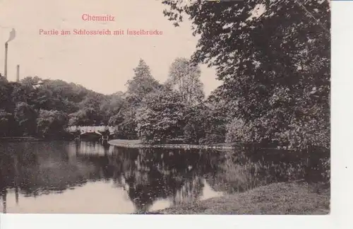 Chemnitz Schloßteich mit Inselbrücke gl1914 75.970