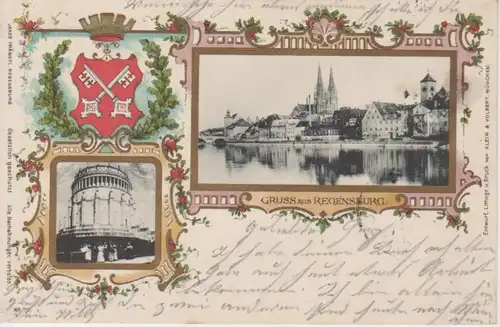 Regensburg Litho Teilansicht Wappen glca.1905 74.899