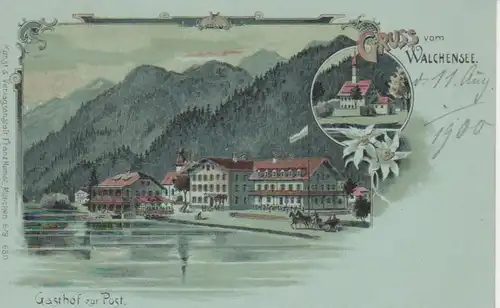 Walchensee Litho Gasthof zur Post Kirche ngl 77.633
