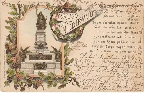 Rüdesheim a.Rh. Gruss v. Niederwald Litho gl1896 49.558
