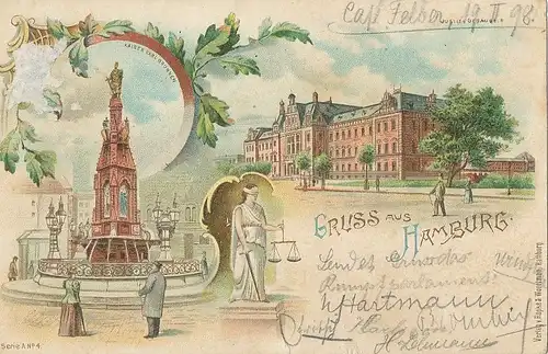 Hamburg Litho Justizgebäude Brunnen gl1898 115.816