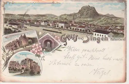 Singen Litho Panorama mit Bahnhof Thor gl1897 82.759