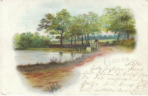 Idyll am Teich mit Brücke Gruß-Litho gl1901 21.370