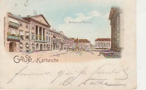 Karlsruhe Litho Marktplatz mit Rathaus gl1899 83.257