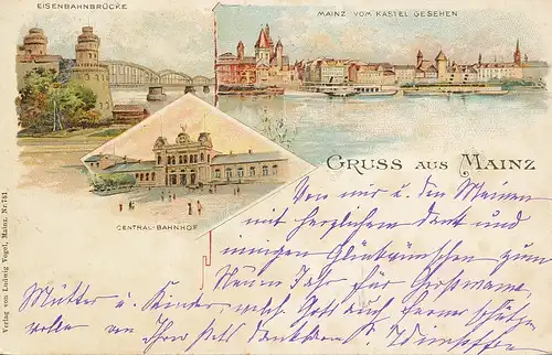 Mainz Bahnhof + Brücke + Blick v. Kastel gl1899 132.399