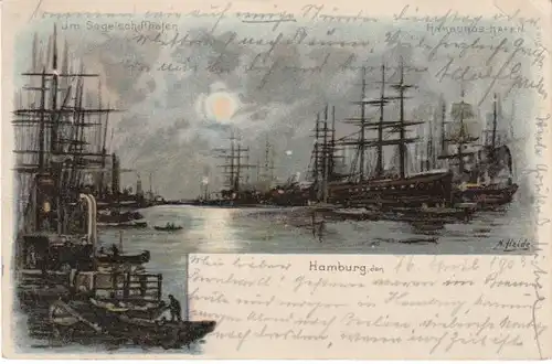 Hamburg Mond alte Segelschiffe Litho gl1903 20.975