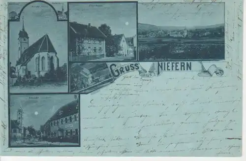 Niefern Litho Pfarrhaus Kirche Panorama gl1899 82.996