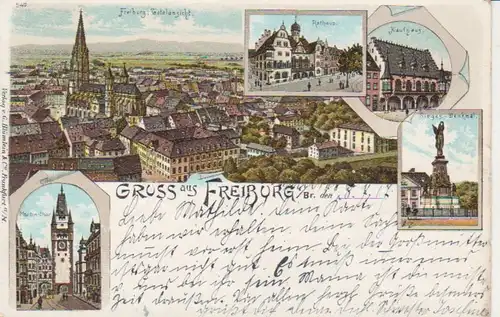 Freiburg Litho Rathaus Kaufhaus Panorama gl1917 82.931