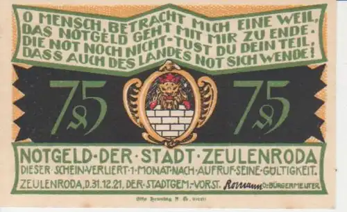 Zeulenroda Notgeld der Stadt über 75 Pfennig 90.164