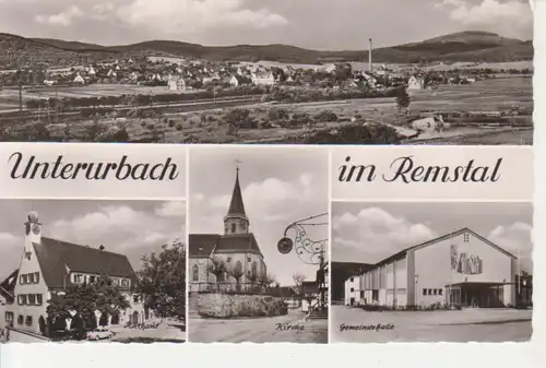 Unterurbach Panorama Rathaus Kirche gl1964 84.023