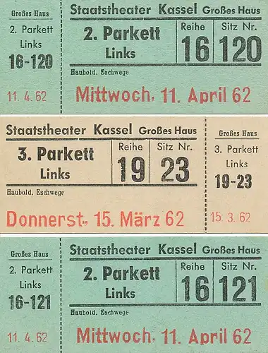Kassel Staatstheater 3 Eintrittskarten 1962 113.390
