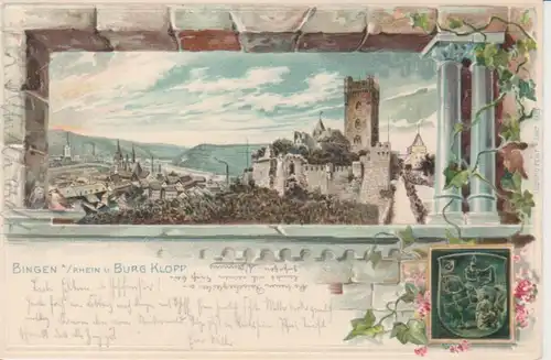 Bingen a.R. Panorama und Burg Prägekarte gl1902 94.857