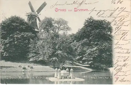 Gruss a.Bremen Wallparthie mit Windmühle gl1898 24.363