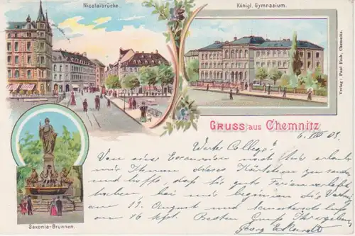 Chemnitz Litho Brücke Gymnasium Brunnen gl1903 86.242