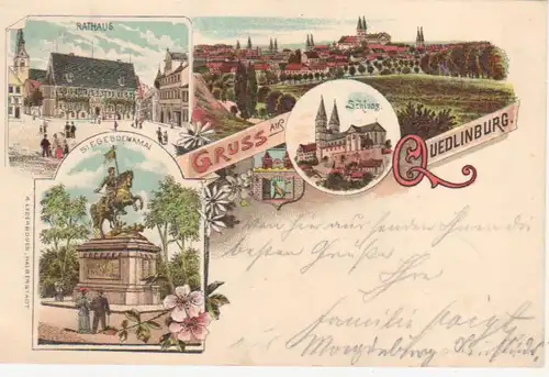 Quedlinburg Litho Rathaus Schloss Totale gl1899 91.789