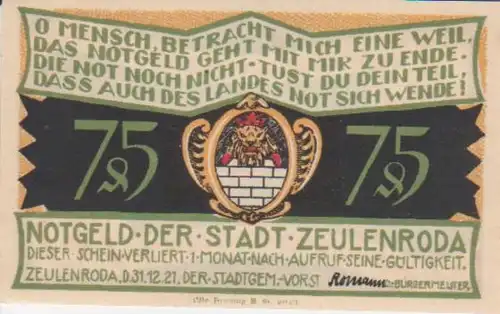 Zeulenroda Notgeld der Stadt über 75 Pfennig 90.160