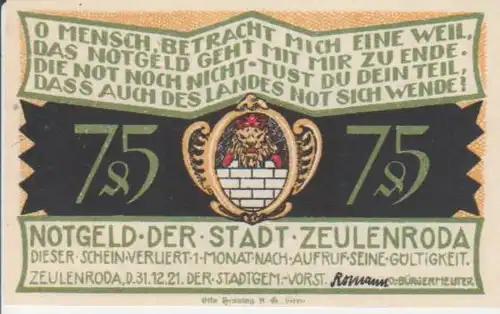 Zeulenroda Notgeld der Stadt über 75 Pfennig 90.155