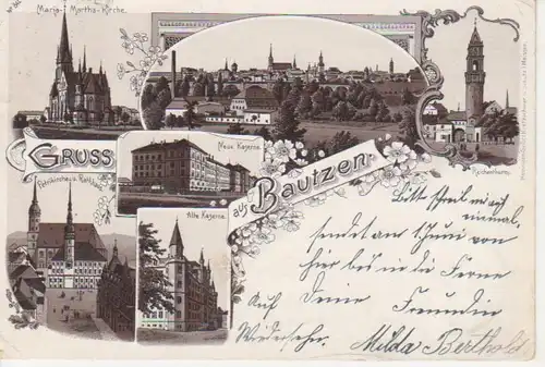 Bautzen Litho Kaserne Rathaus Panorama gl1897 85.893