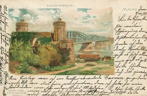 Mainz Eisenbahnbrücke Künstler-AK Münch gl1898 130.737