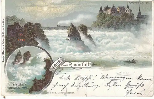 Gruss vom Rheinfall Litho mit Fischetz .. gl1897 26.157