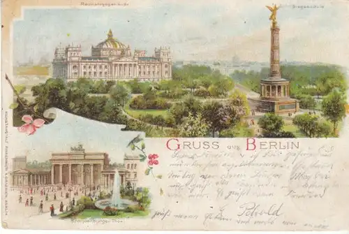 Berlin Litho Reichstag Siegess. Brdb.Tor gl1898 B4842