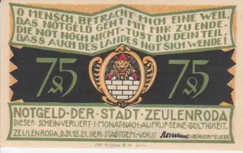 Zeulenroda Notgeld der Stadt über 75 Pfennig 90.154