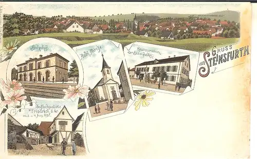 Steinfurth Litho Bahnhof Kirche Gasthaus gl1907 4.433