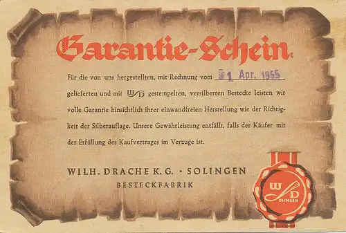Solingen Drache Besteckfabrik Garantieschein 132.435