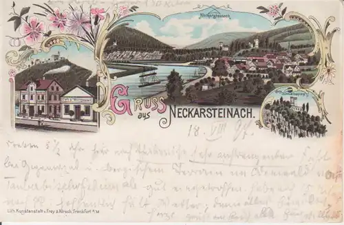 Neckarsteinach Litho Pension Burg Totale gl1897 93.019