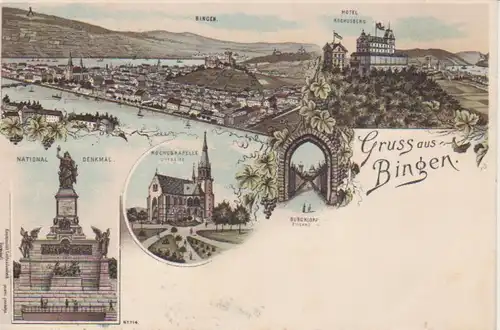 Bingen a.R. Litho Kapelle Burg Panorama ngl 94.859