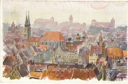 Nürnberg Blick >>Stadt und Burg Künstlerkarte ngl B5322