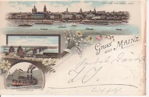 Mainz Litho Brücke Rheindampfer Panorama gl1896 94.542