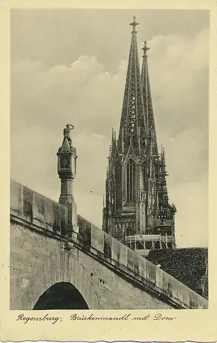 Regensburg Brückenmandl mit Dom gl1934 120.619