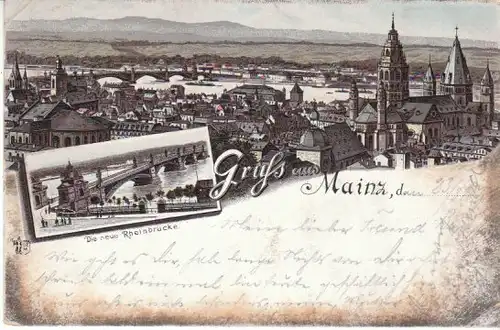 Gruß aus Mainz Litho Total Rheinbrücke gl1895 B6092