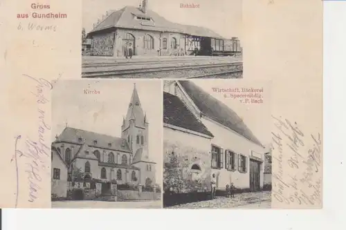 Gundheim Bahnhof Kirche Bäckerei Bach gl1915 94.790