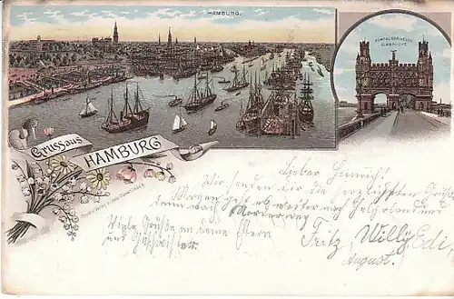 Hamburg Litho Hafenpartie Elbbrückenportal gl1898 C0820