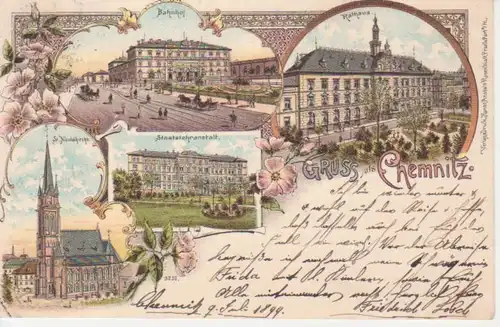 Chemnitz Litho Bahnhof Lehranstalt Kirche gl1899 97.575